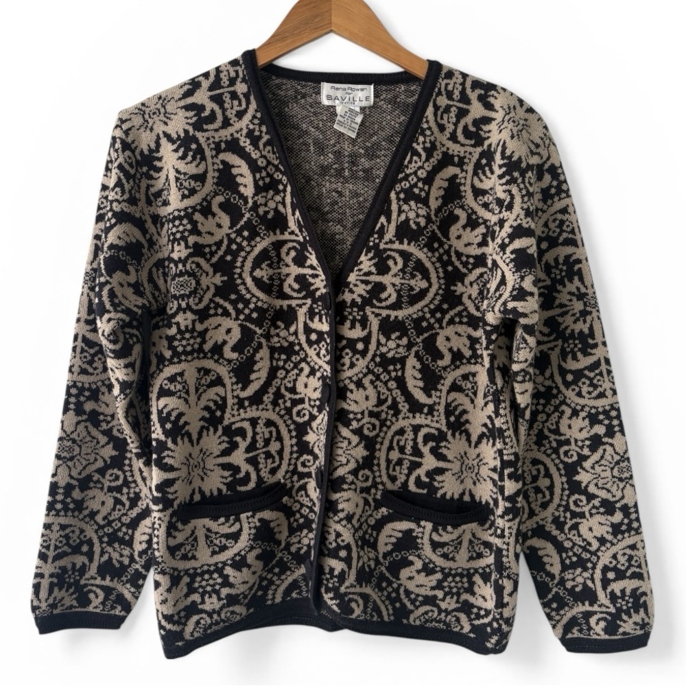 Vintage Rena Rowan for Saville Wool Blend Tapestry Knit Cardigan Sweater PETITE